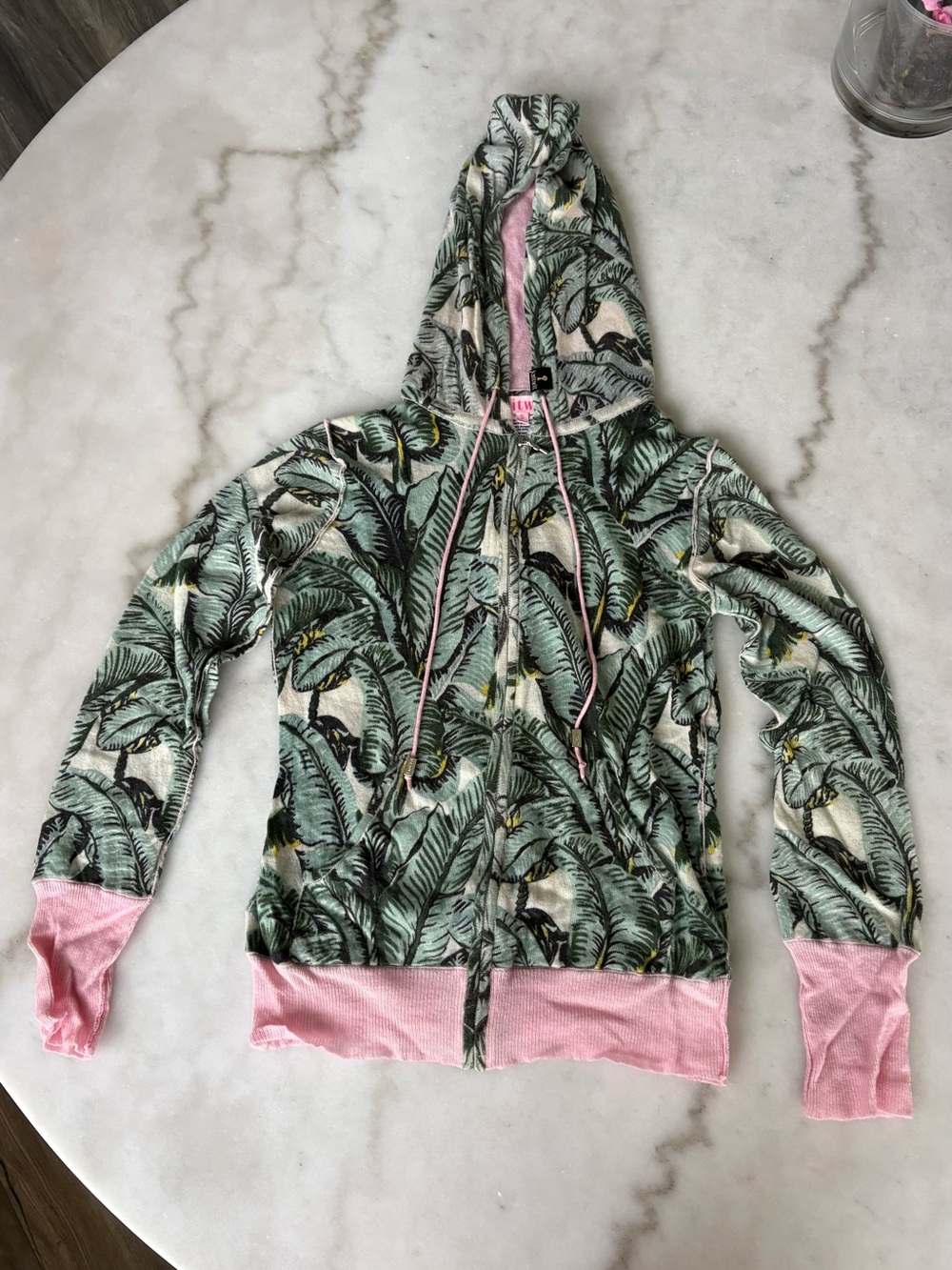 Knitwit Indochine Full Zip Cashmere Sweater Hoodie Green Pink Palm Print Small